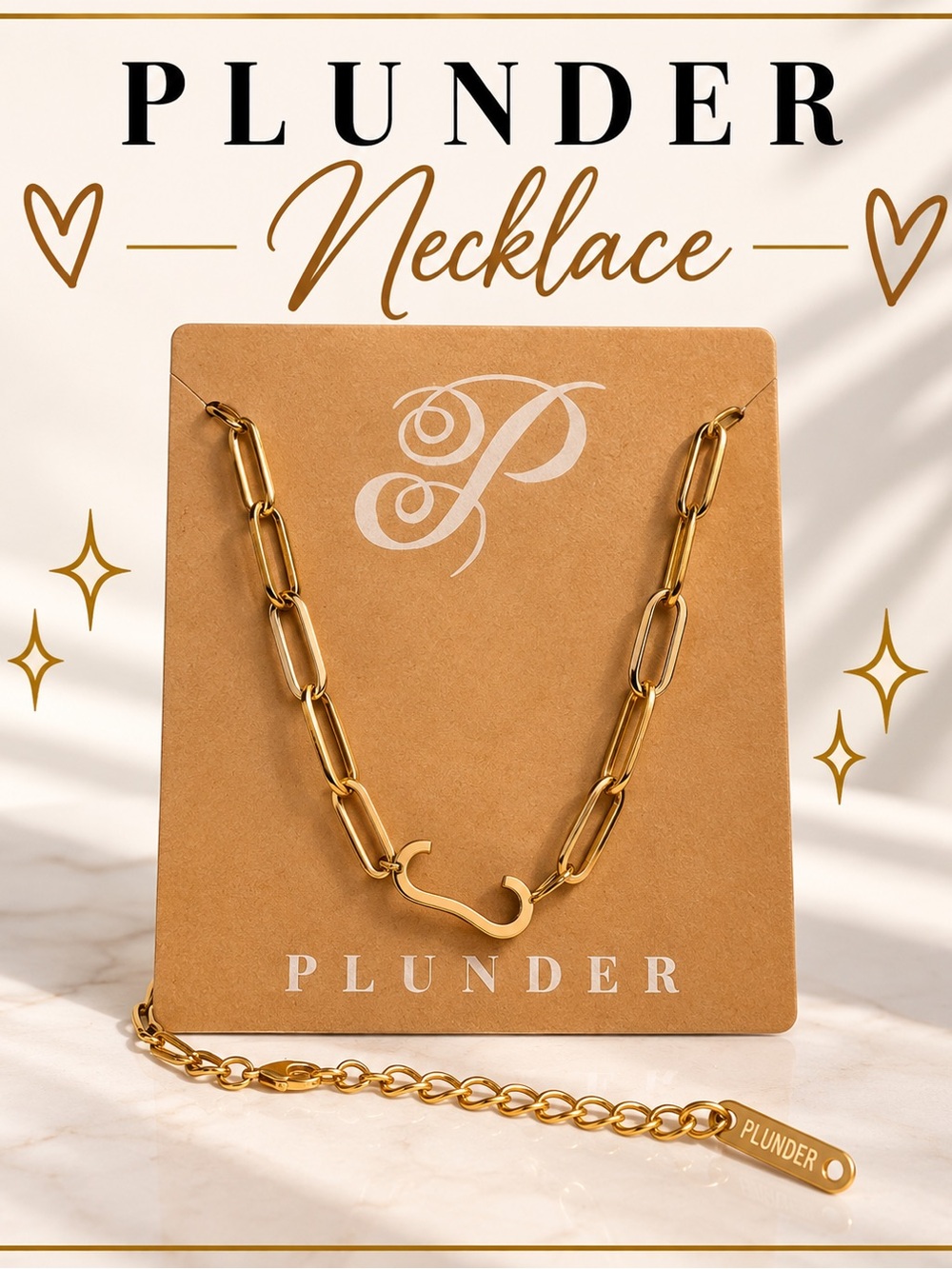 Plunder Gold Tone Paperclip Chain Necklace Hook Clasp Adjustable